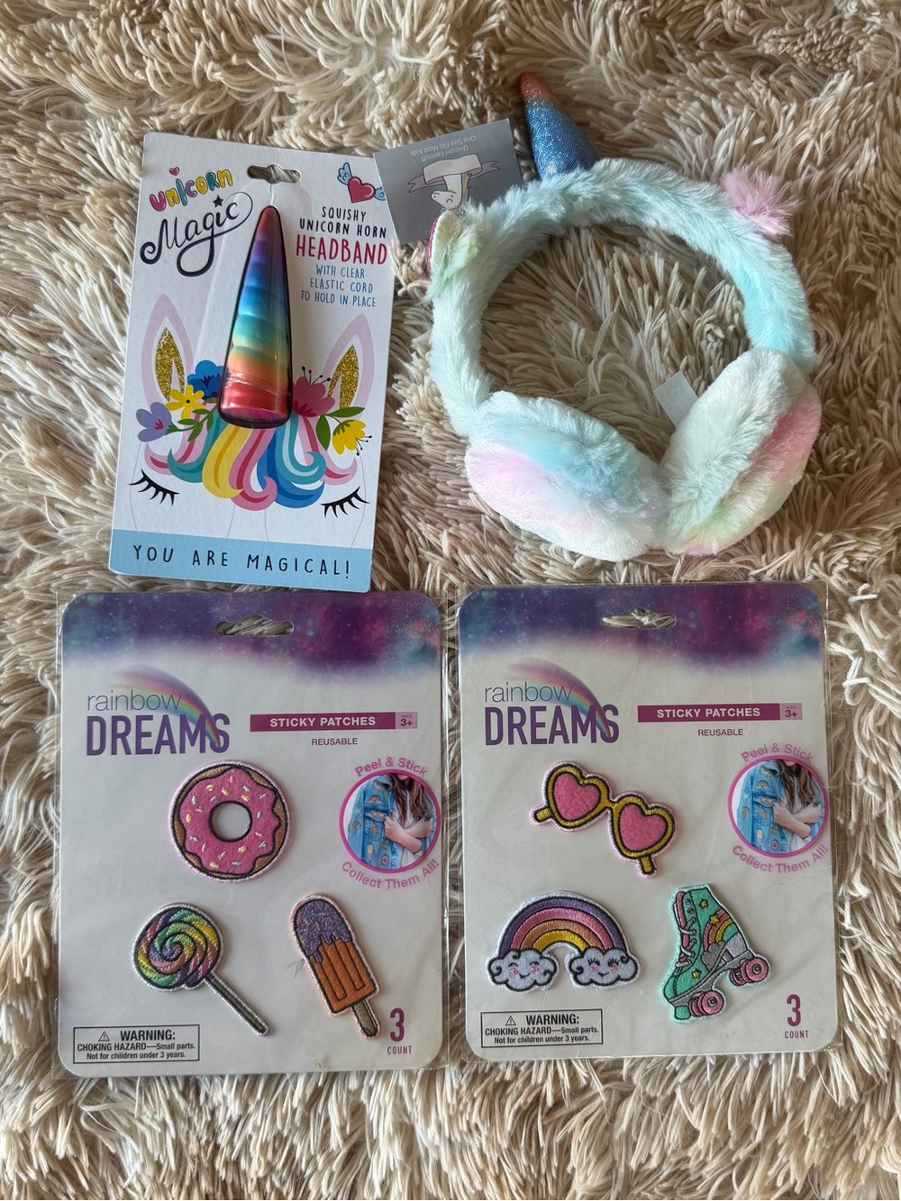 Unicorn headband and unicorn rainbow earmuffs fun patches donut popsicle